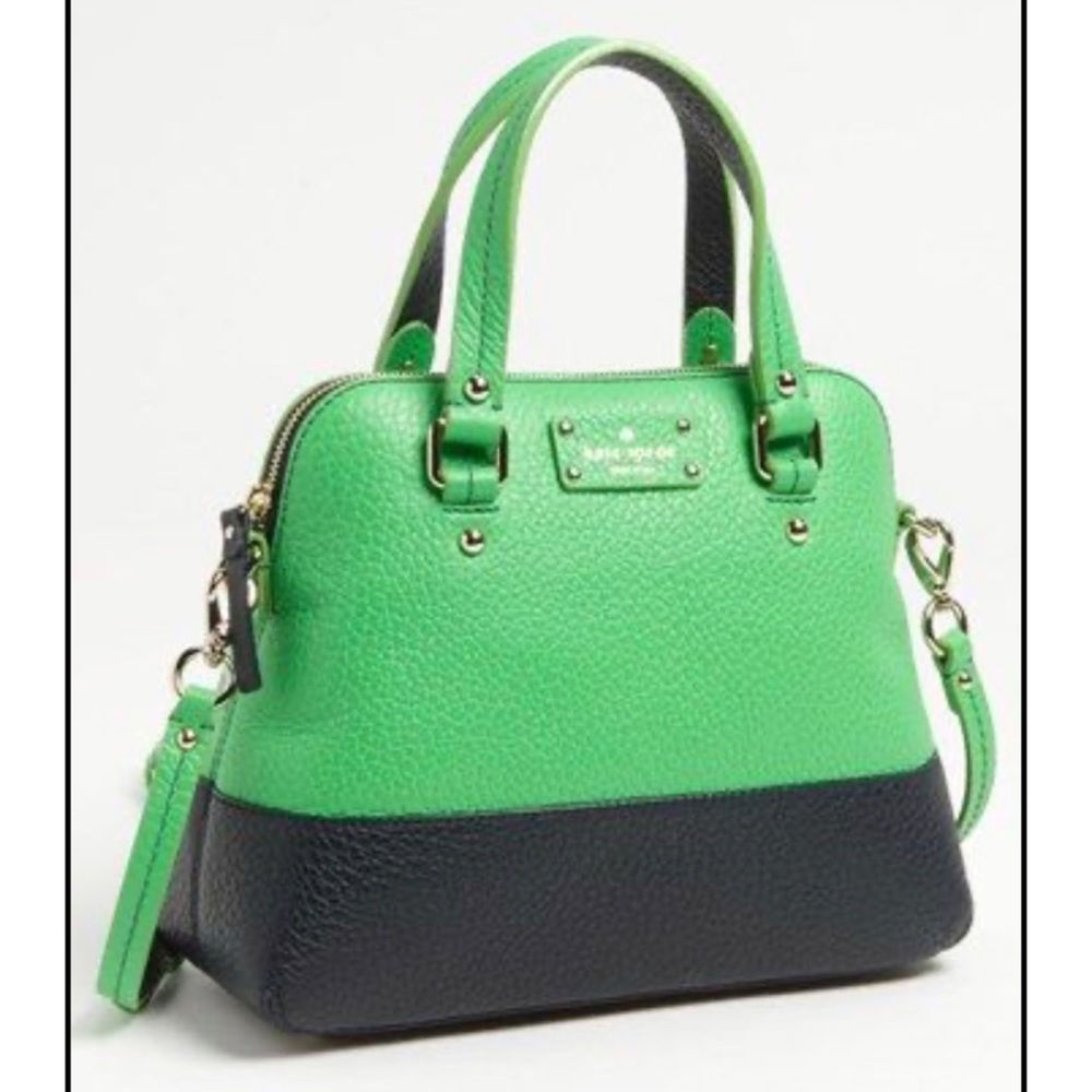ate Spade Grove Court Stripe Maise Satchel Crossbody Leather Bag Green Navy - Picture 2 of 12